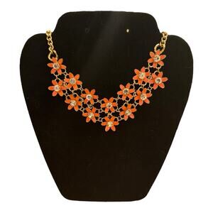 Coral Color Metal Flowers Gold-tone Bib 19" Necklace
